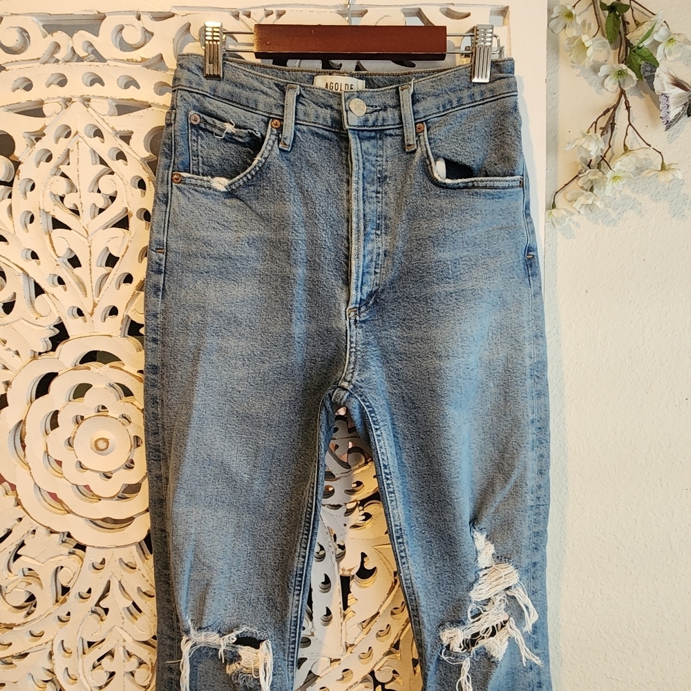 AGOLDE RILEY HIGH RISE CROPPED DISTRESSED LIGHT WASH JEANS WOMENS SZ 25 - Picture 13 of 16